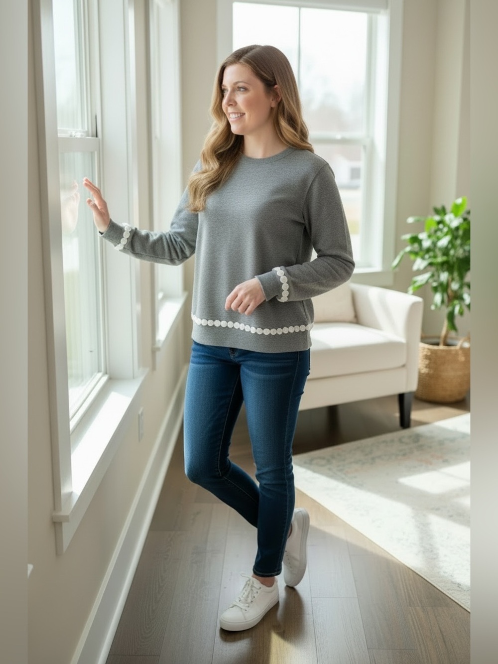 J. Crew- NWT Gray Sweatshirt with White Rosette Trim